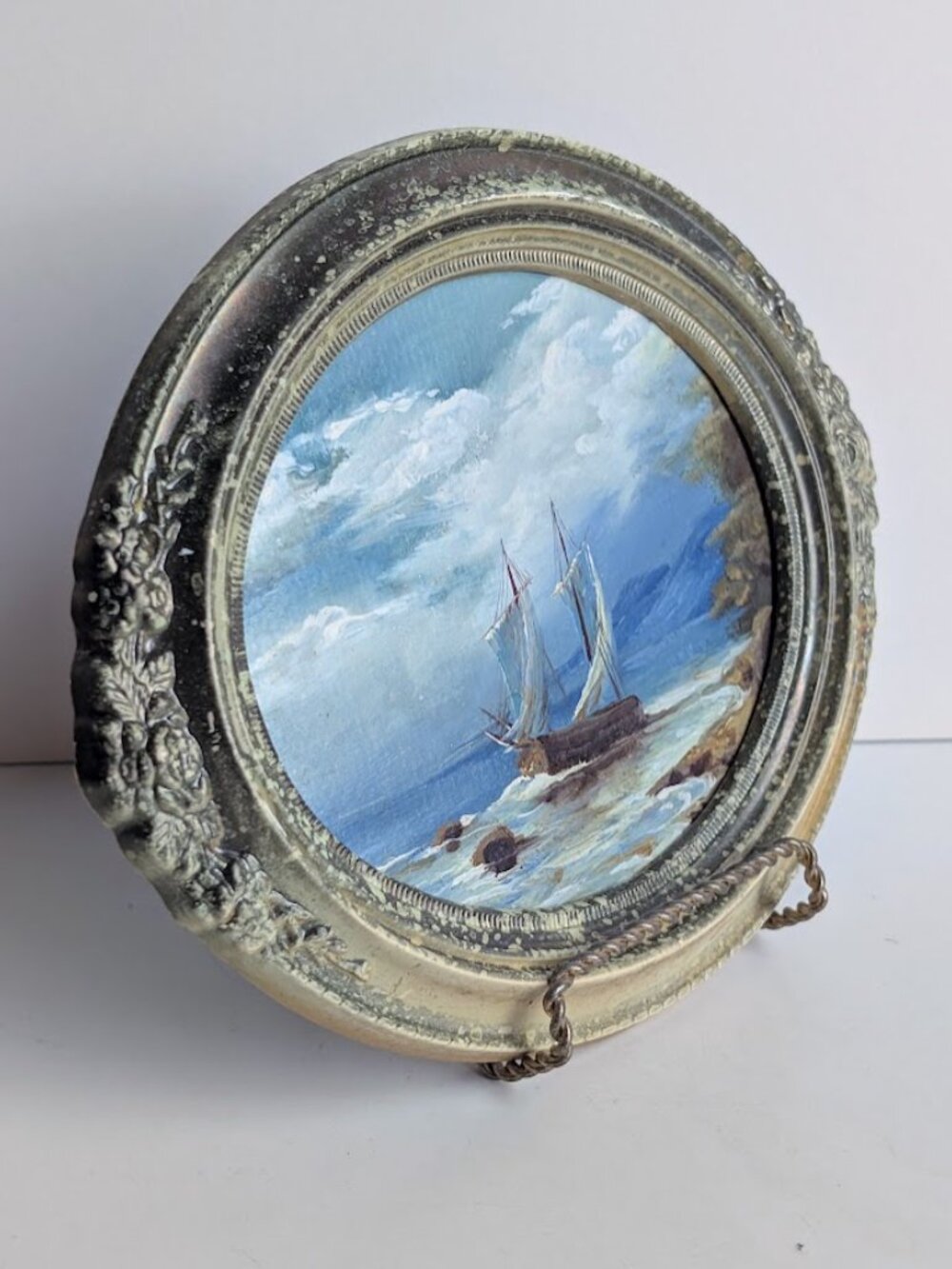 Vintage Oval Framed Oil Painting Ocean Sailboat Vintage Seascape Art Painting 8" - Picture 7 of 15
